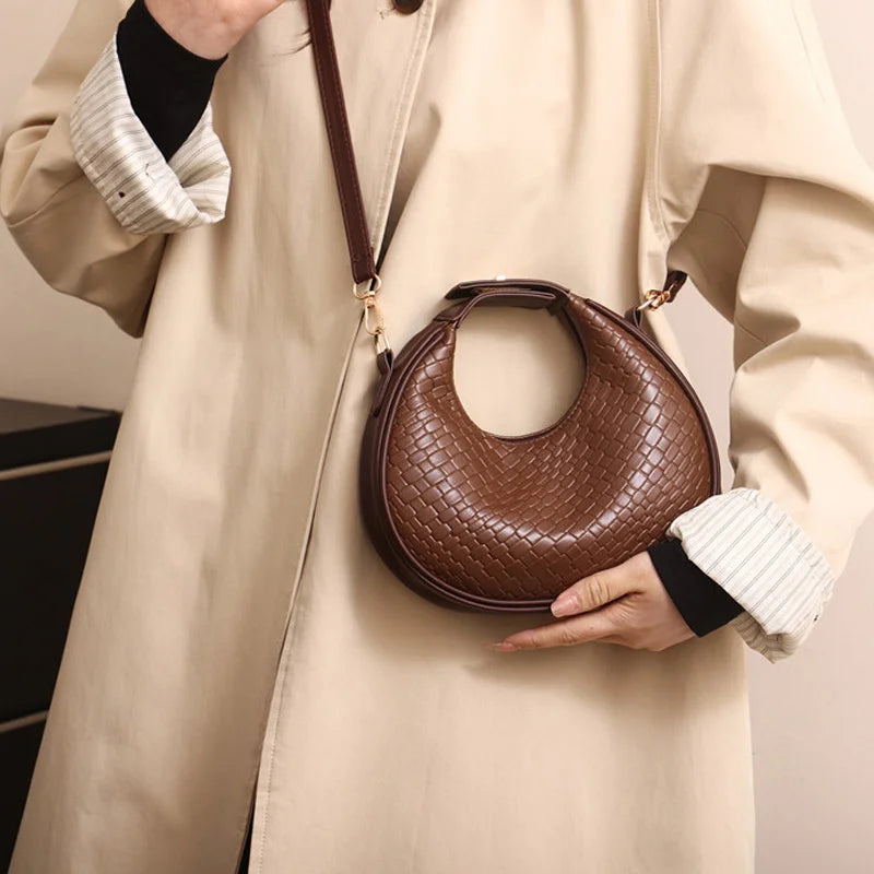 Solid Color PU Leather Lattice Crossbody Handbag