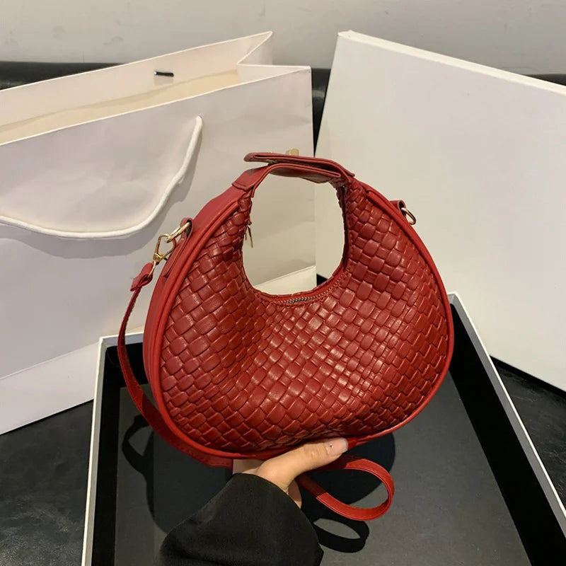 Solid Color PU Leather Lattice Crossbody Handbag