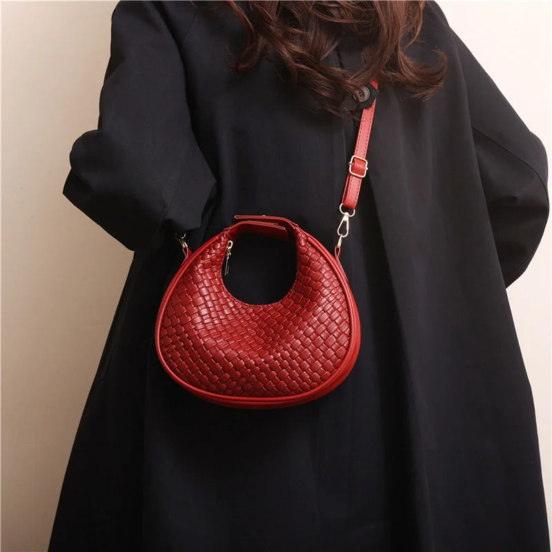 Solid Color PU Leather Lattice Crossbody Handbag