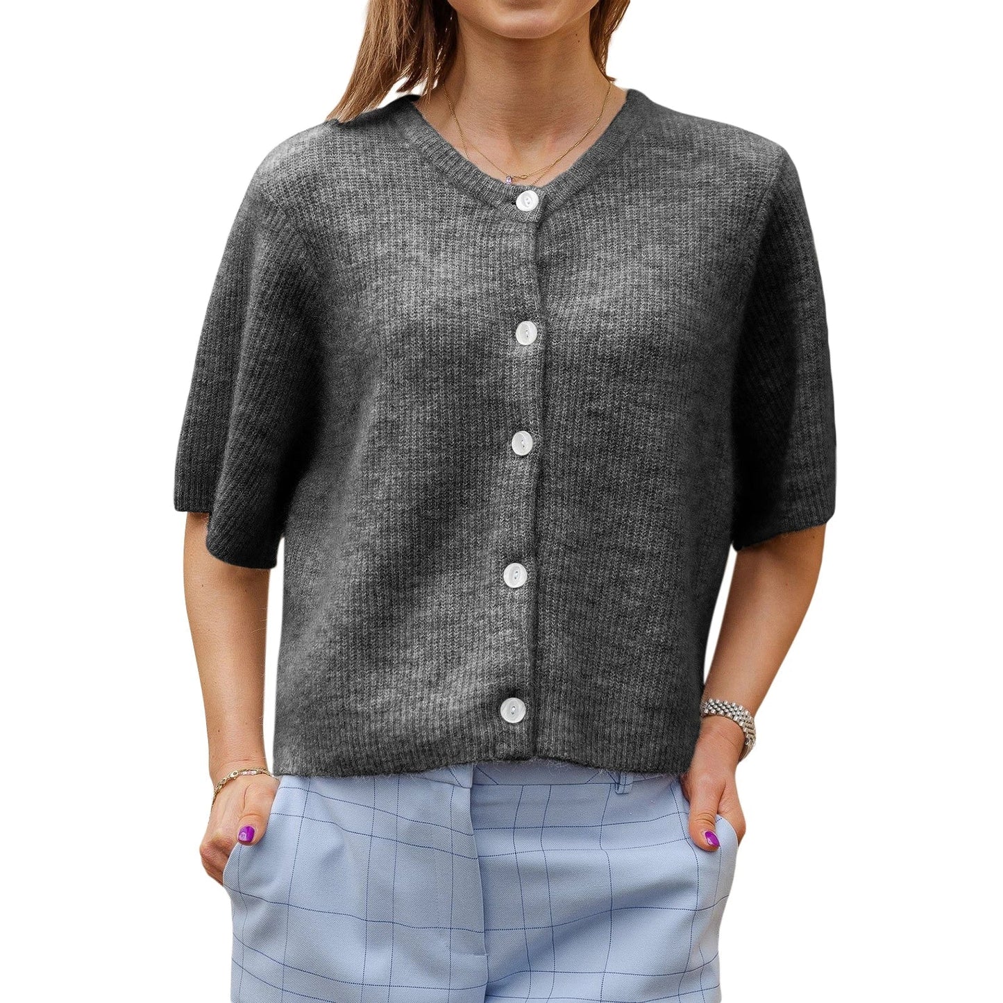 Solid Color Short Sleeve Button Cardigan