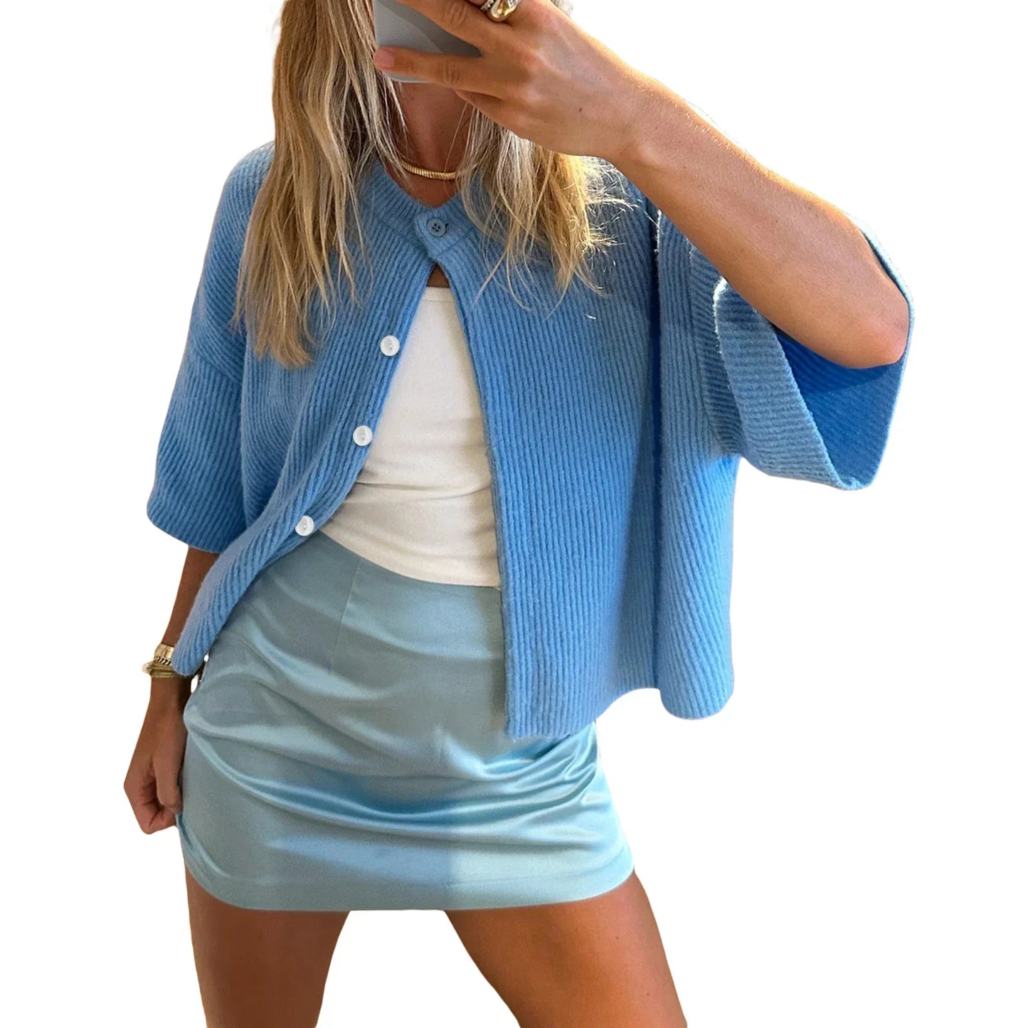 Solid Color Short Sleeve Button Cardigan