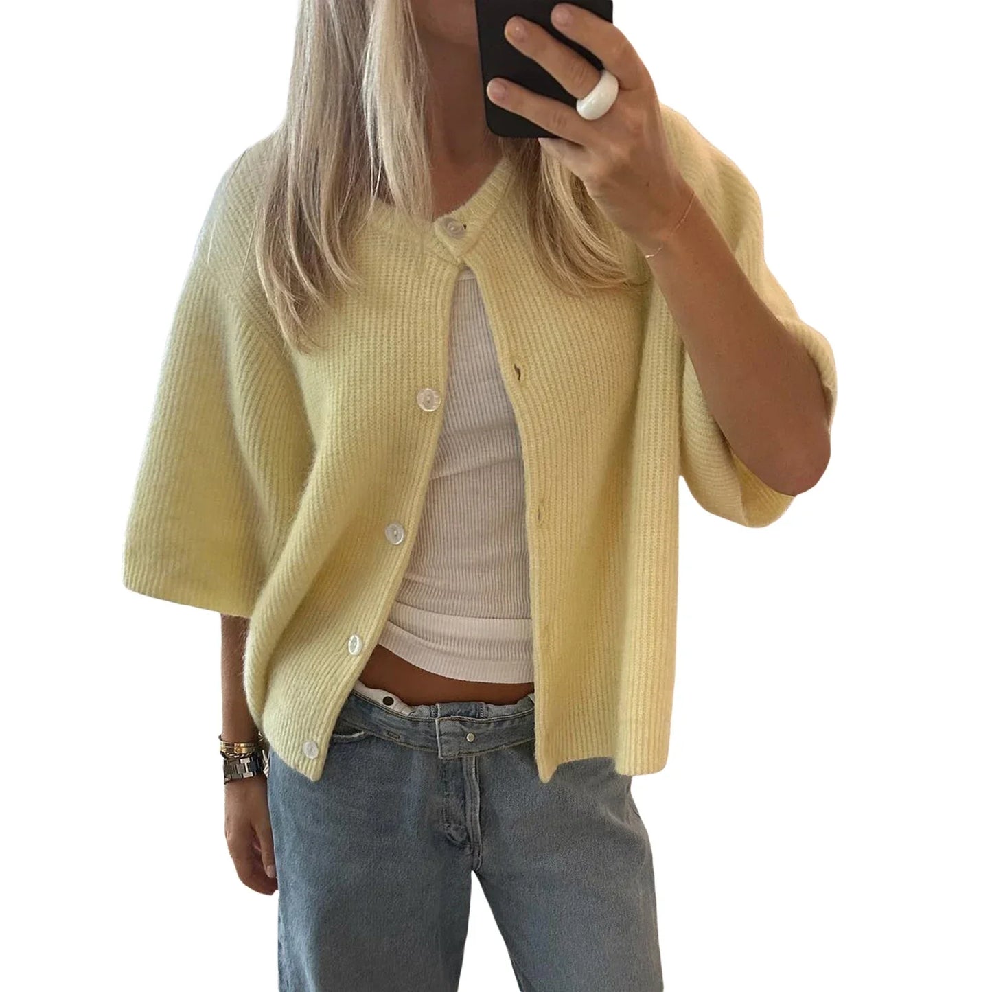 Solid Color Short Sleeve Button Cardigan