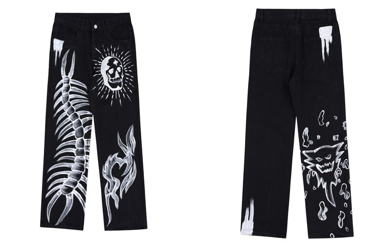 Black Skeletal Graffiti Jeans