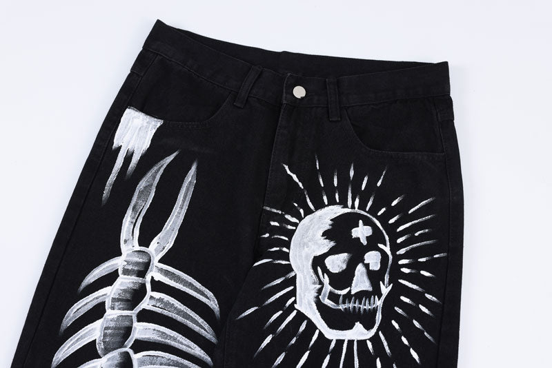 Black Skeletal Graffiti Jeans