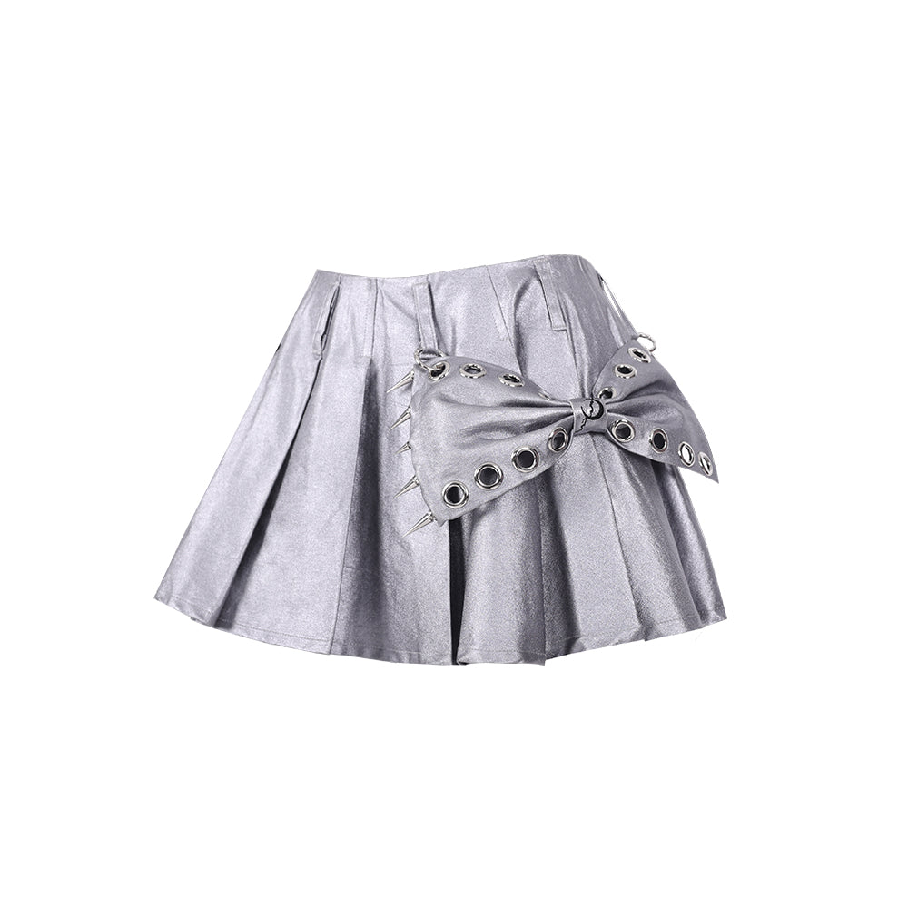 PINKSPINK Metallic Pleated Mini Skirt with Grommet Bow - Silver