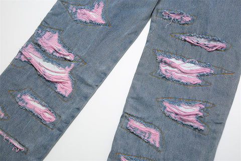 Pink Patched Distressed Jeans