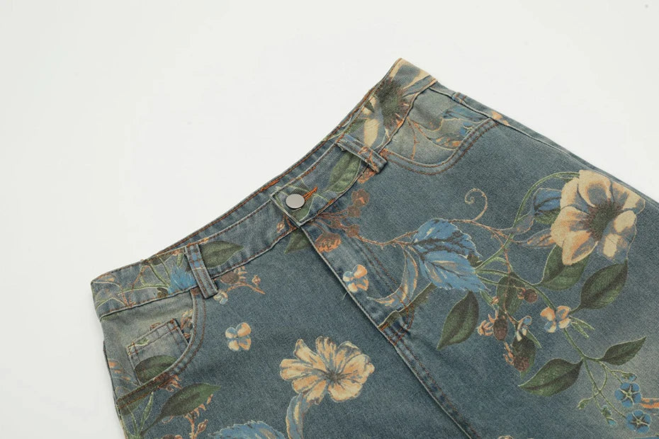 Floral Print Wide-Leg Jeans