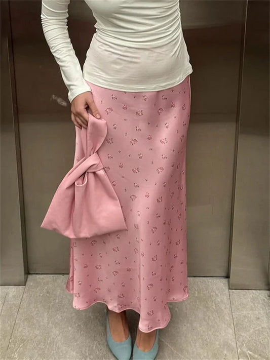 Soft Girl Floral Satin Midi Skirt