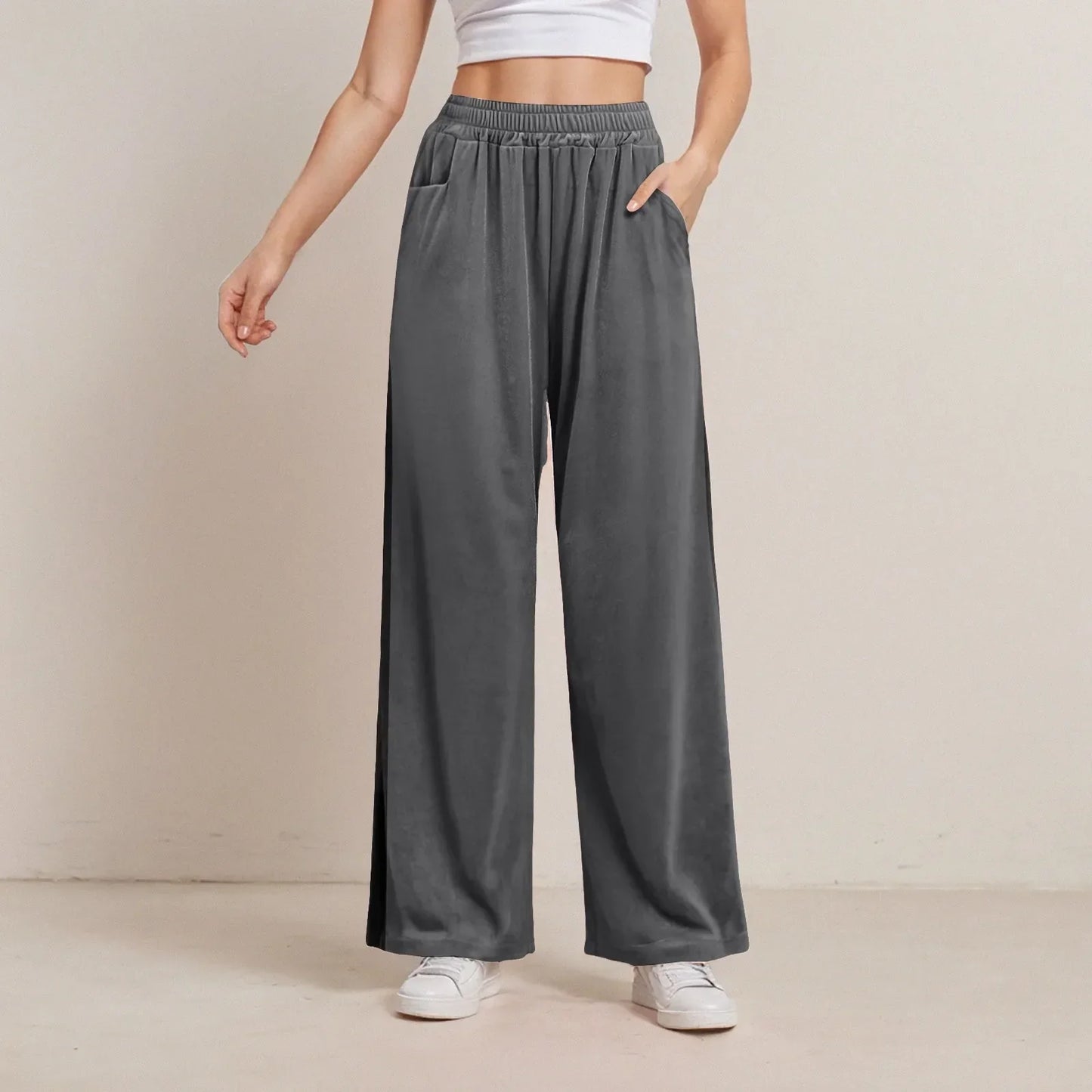 Solid Color Pocket Stretch Casual Pants