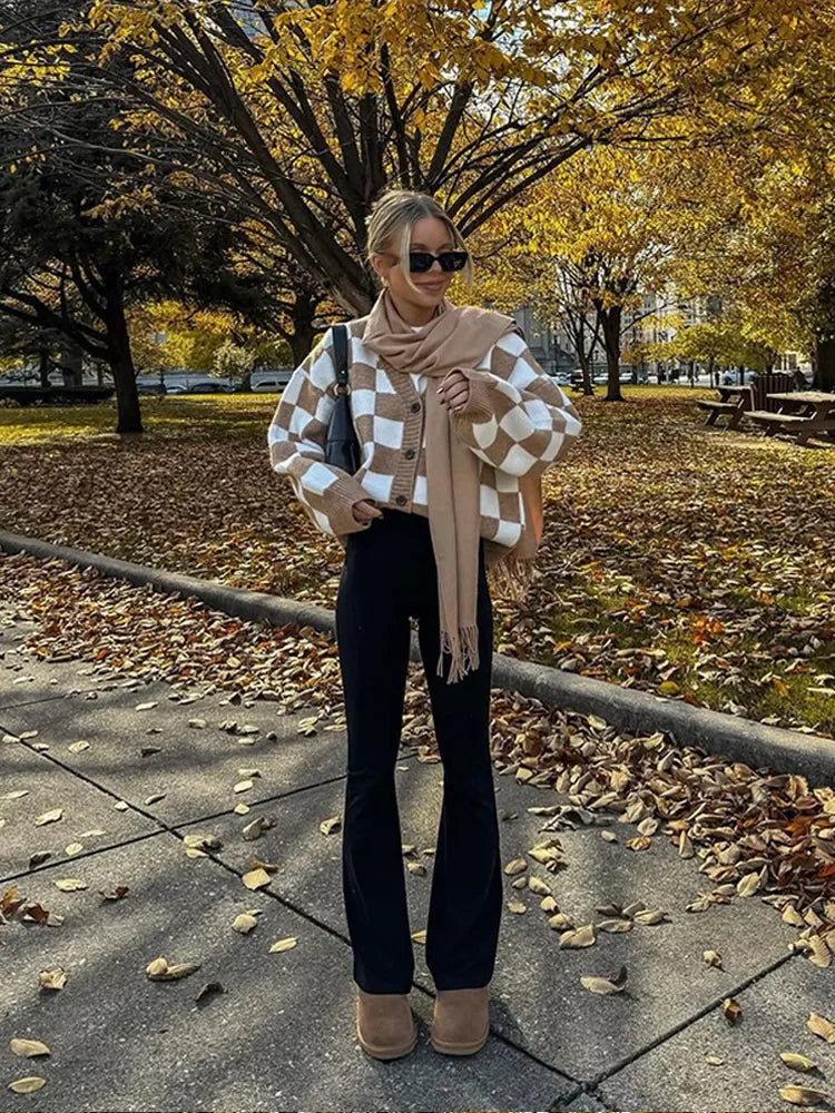 V-neck Square Printed Color Block Cardigan