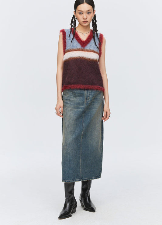 Unisex Washed Denim Split Skirt