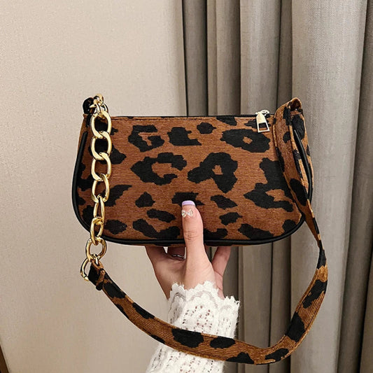 Vintage Chain Plush Leopard Shoulder Bag