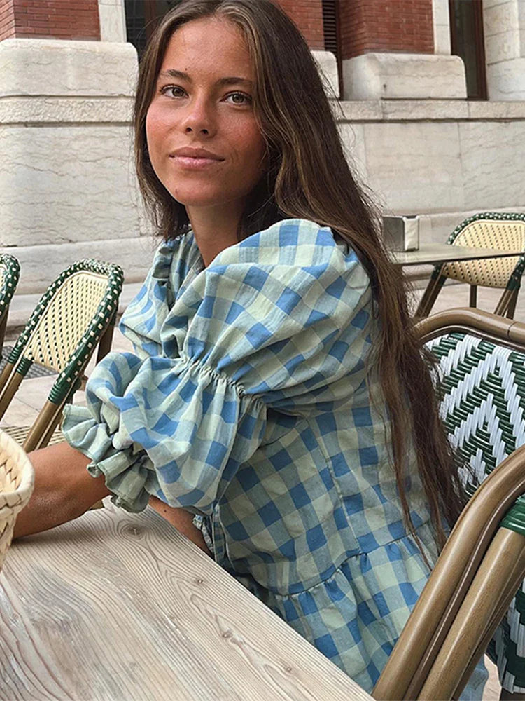 Lace-Up Tie-Up Puff Sleeve Midi Blouse