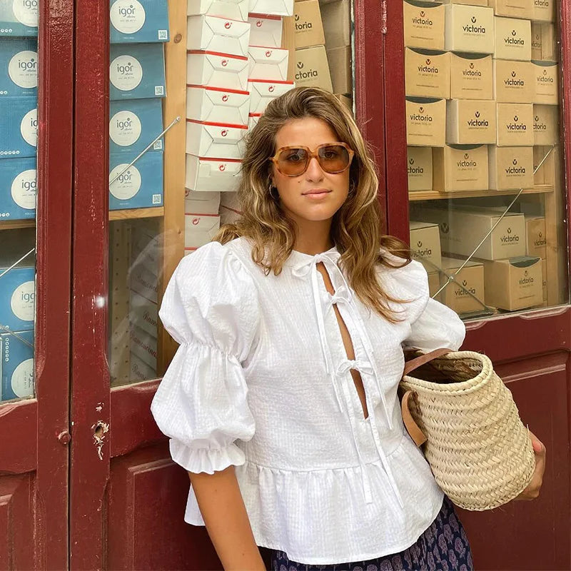 Lace-Up Tie-Up Puff Sleeve Midi Blouse