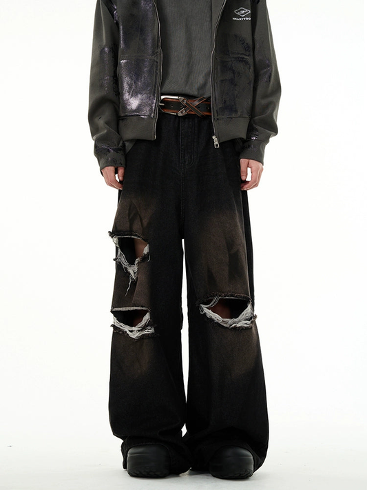 Distressed Wide-Leg Denim Jeans