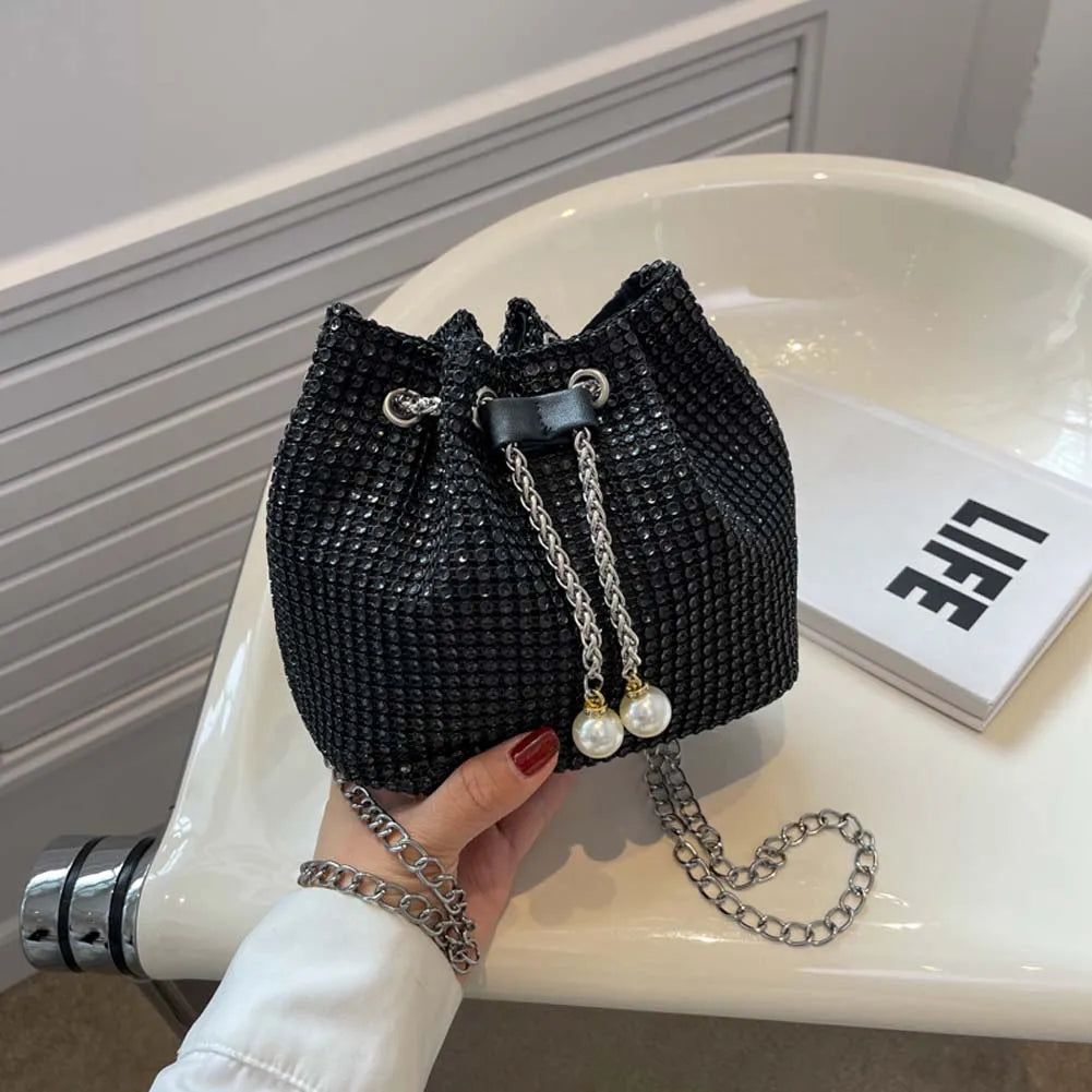 Solid Color Rhinestone Luxury Chain Crossbody Glitter Clutch Bag