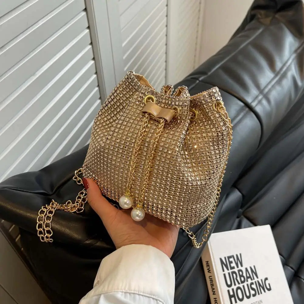 Solid Color Rhinestone Luxury Chain Crossbody Glitter Clutch Bag