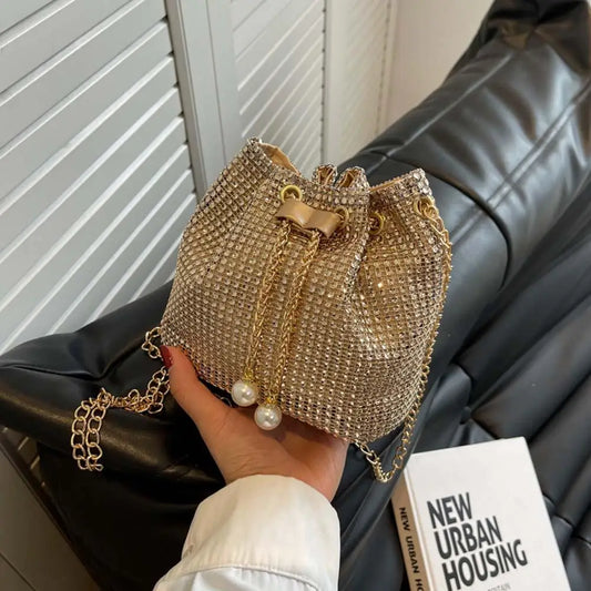 Solid Color Rhinestone Luxury Chain Crossbody Glitter Clutch Bag