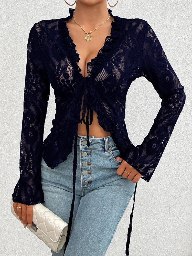 Lace See-Through Sexy Long Sleeve Blouse