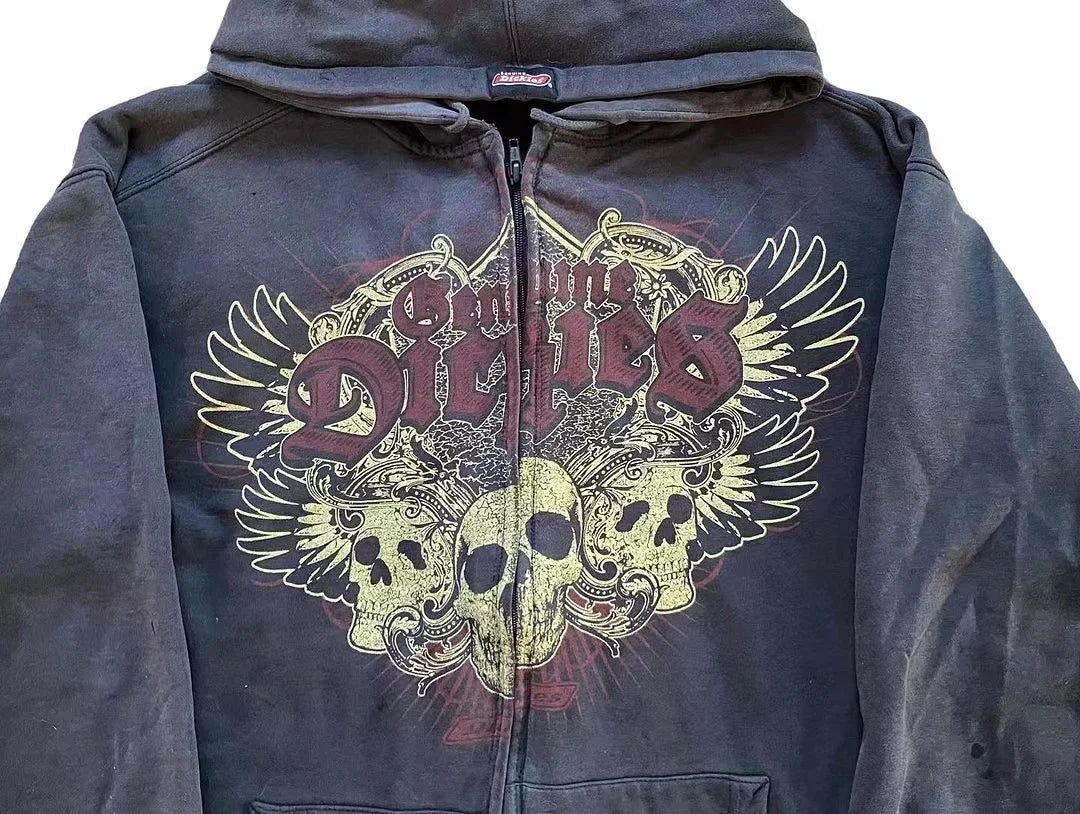 Vintage Gothic Skull Zip Up Hoodie