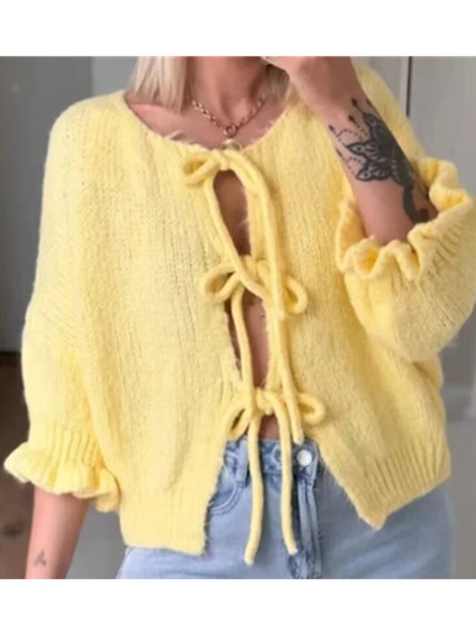 Lace-Up Petal Sleeve Thick Knit O-Neck Cardigan