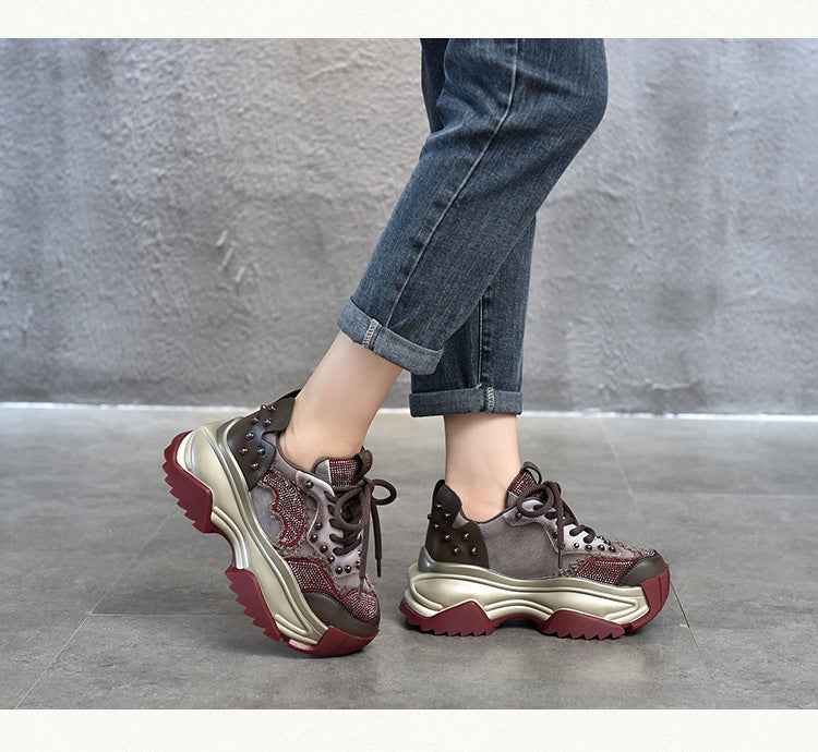 Niche Design Colorblock Leather Thick Bottom Shoes