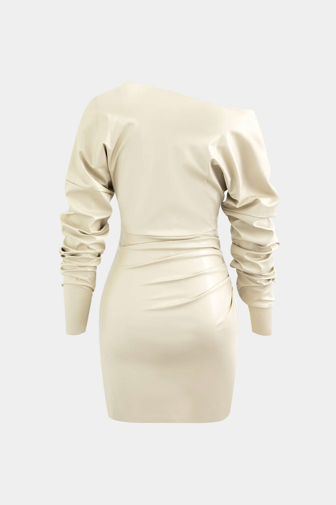 Asymmetric Faux Leather V-neck Gathered Mini Dress