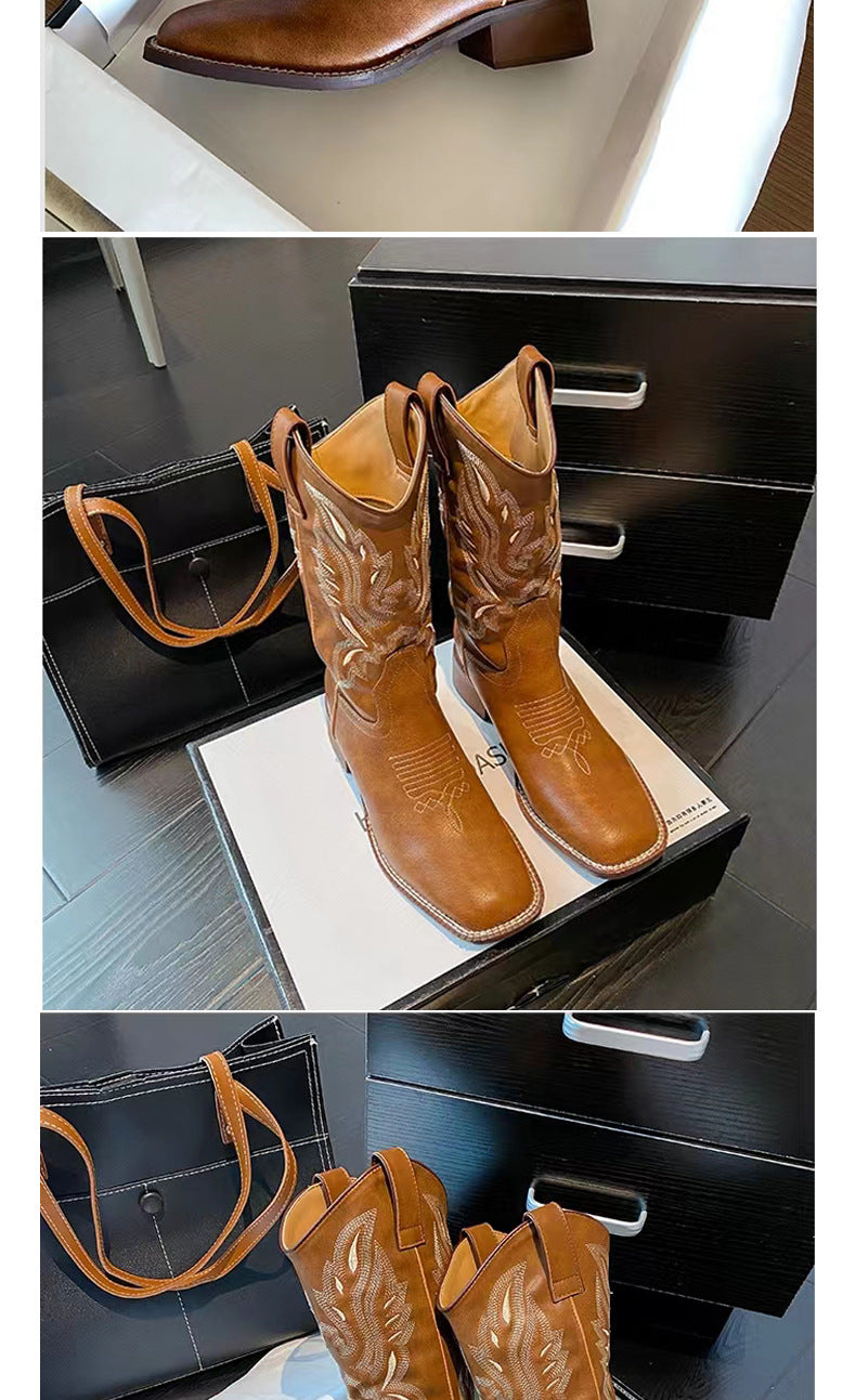 Vintage Embroidered Leather Knight Boots