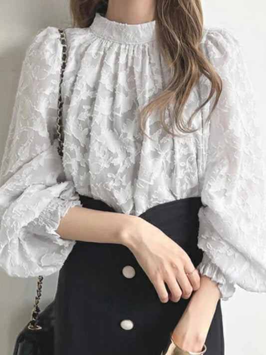 Lace Texture Long Sleeve Pleating Blouse Spring Blouse