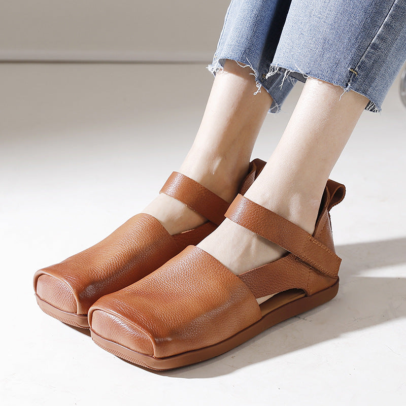 Versatile Leather Square Toe Flat Shoes