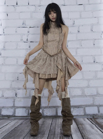 ARIADNAw Distressed Boho Mini Dress - Beige (Women's)