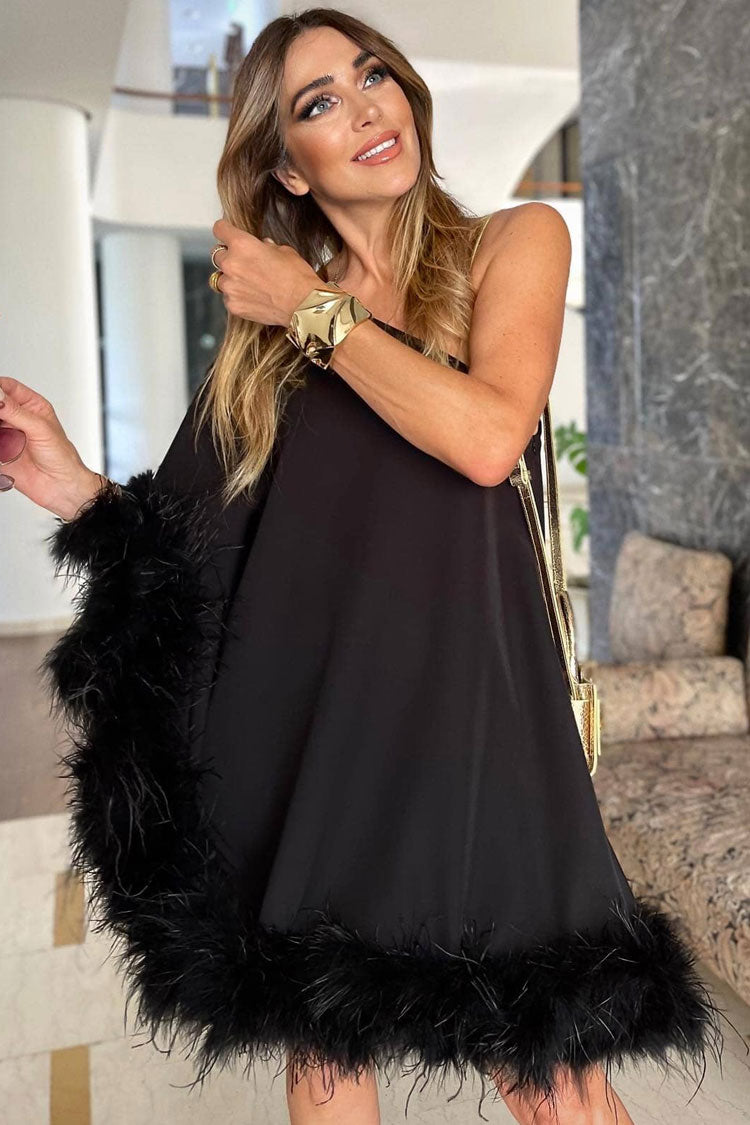 Asymmetrical One Shoulder Feather Trim A Line Party Mini Dress - Black