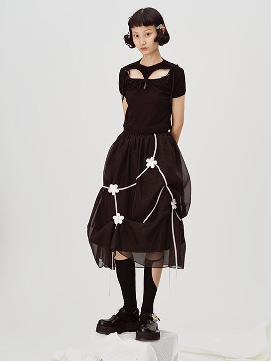 Black Floral Embroidered Midi Skirt - Sheer Overlay Asymmetric Gothic Lolita Style