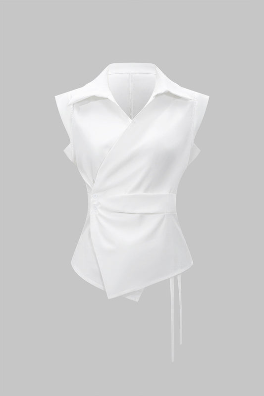 Asymmetrical Button Tie Front Short-Sleeve Shirt