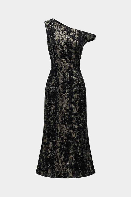 Asymmetrical Shoulder Sleeveless Midi Dress