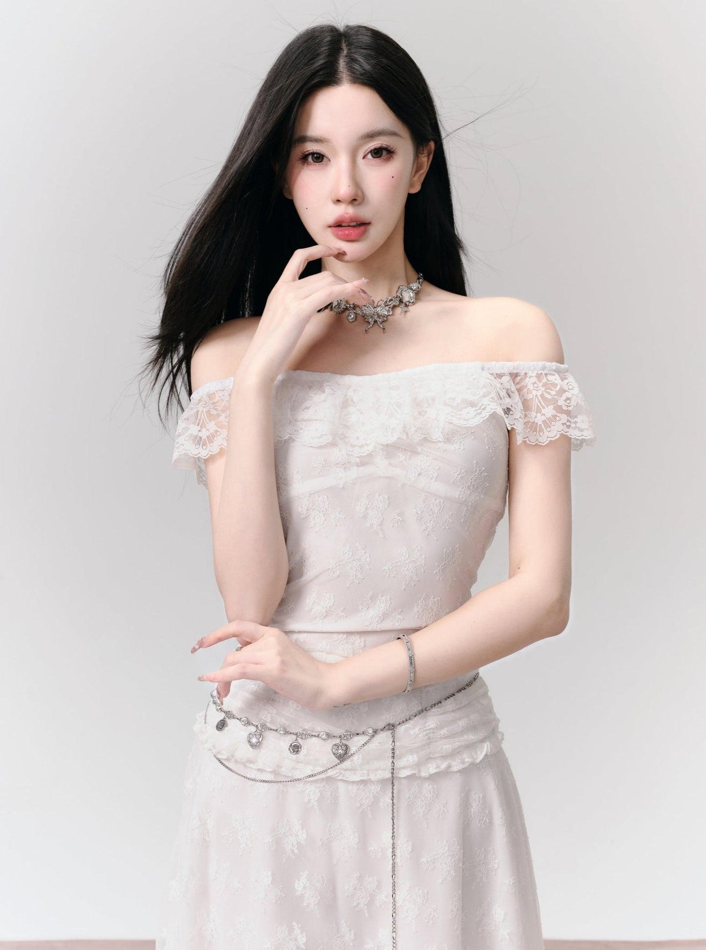 Ethereal Lace Ruffle Crop Top and Asymmetric Midi Skirt Set