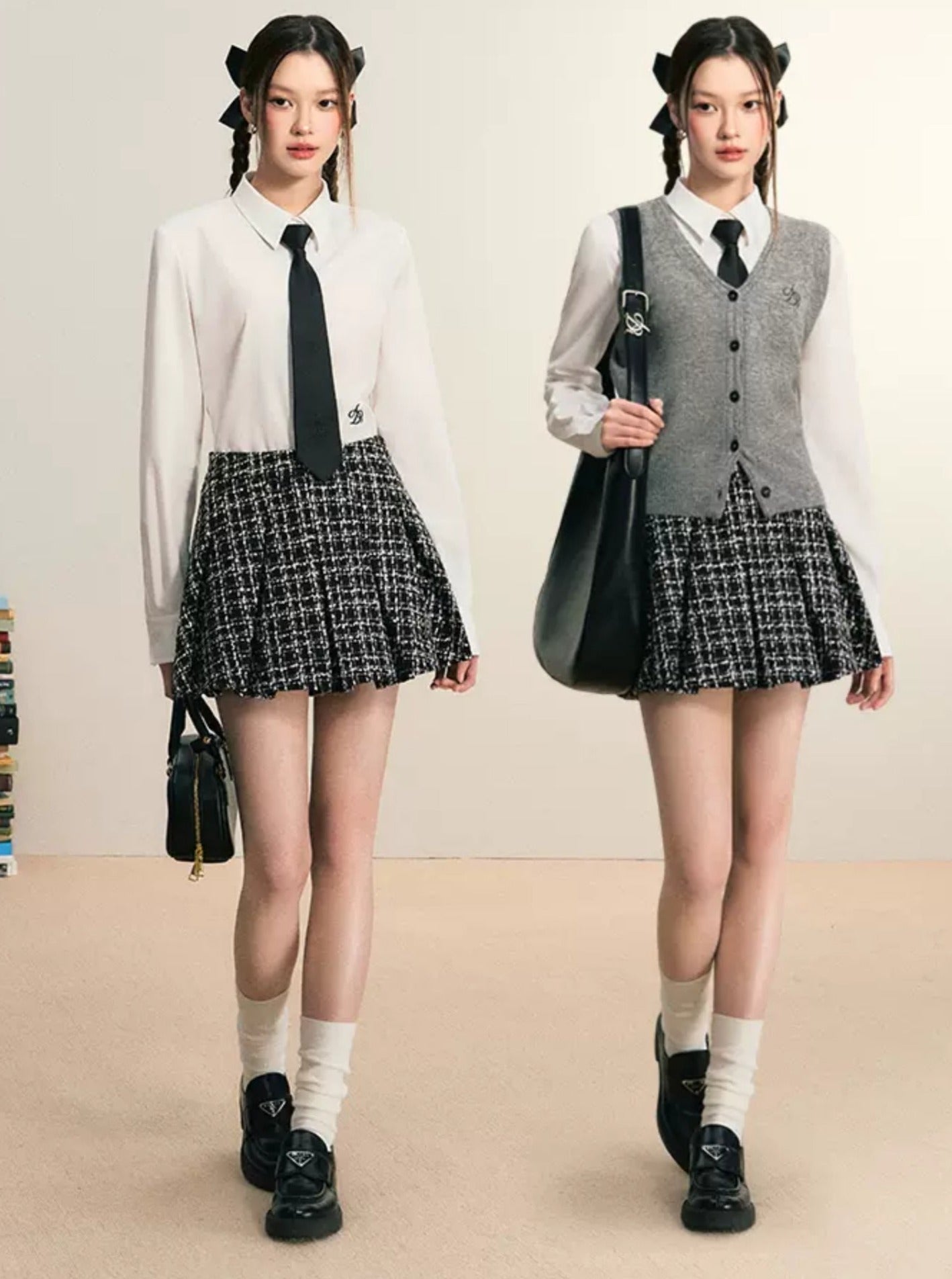 Tweed Flare Mini Skirt: Black and White Plaid A-Line with Textured Boucle Fabric