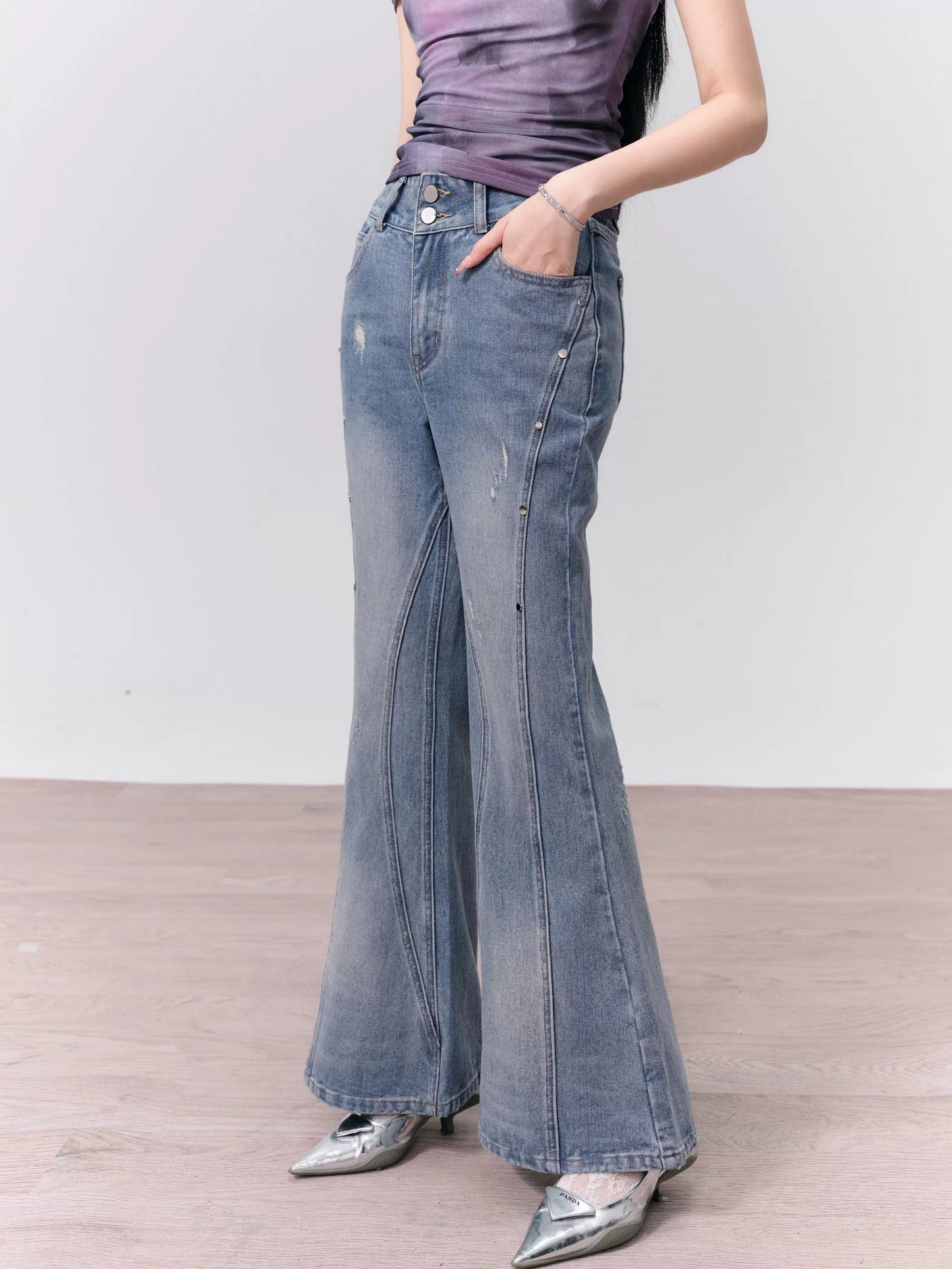 Retro High-Waisted Distressed Flare Jeans