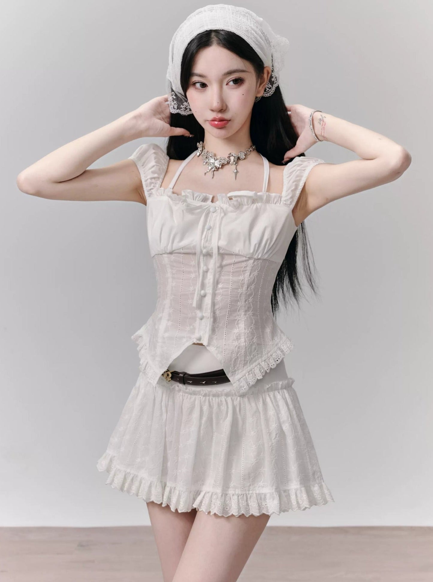 White Ruffle Trim Mini Skirt and Peasant Blouse Set