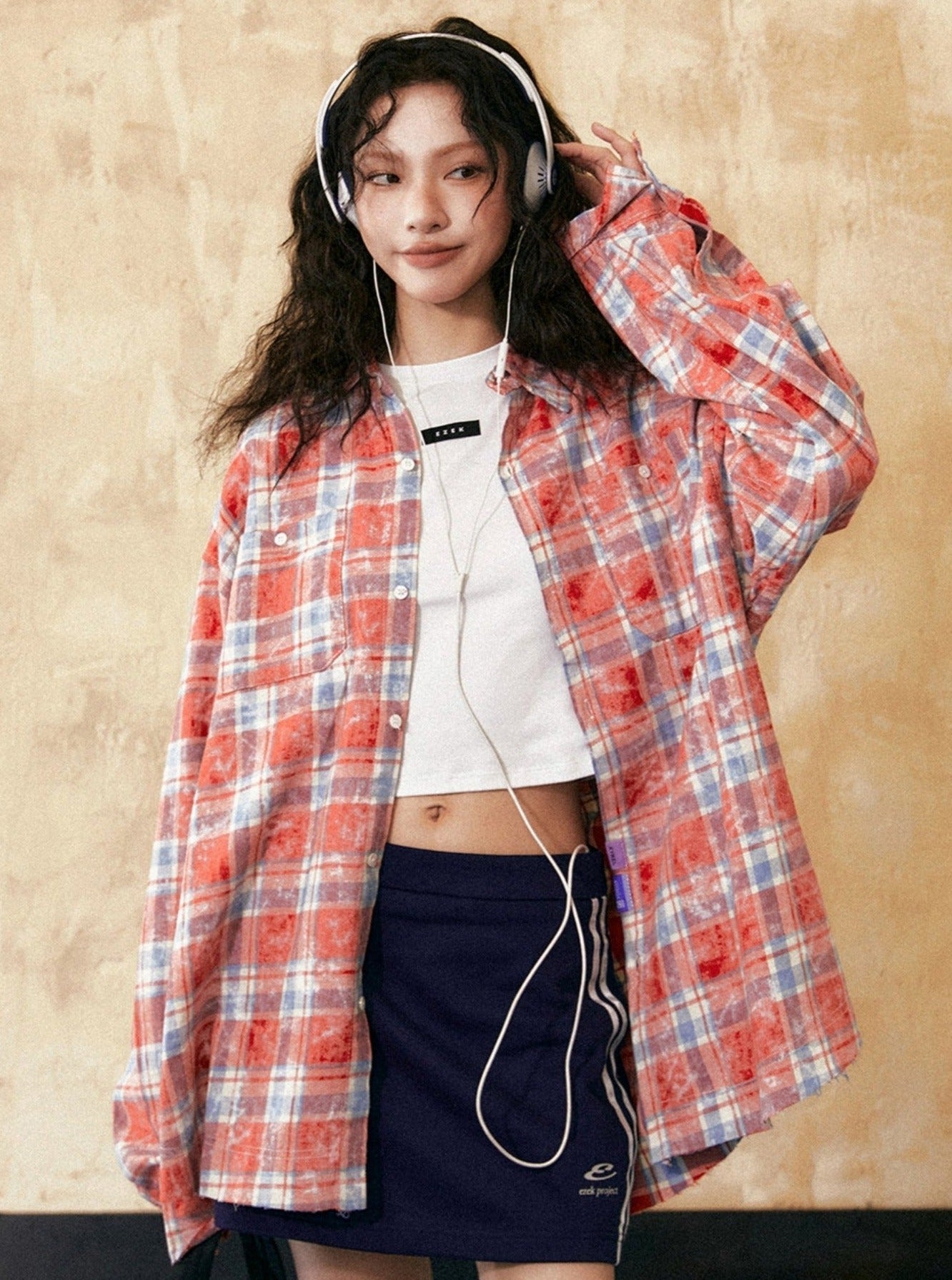 Stitching Contrasting Plaid Long-Sleeved Shirt