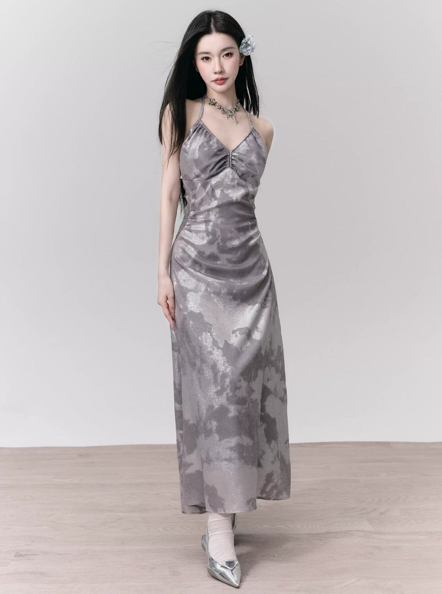 Tie-Dye Satin Halter Maxi Dress in Silver Grey