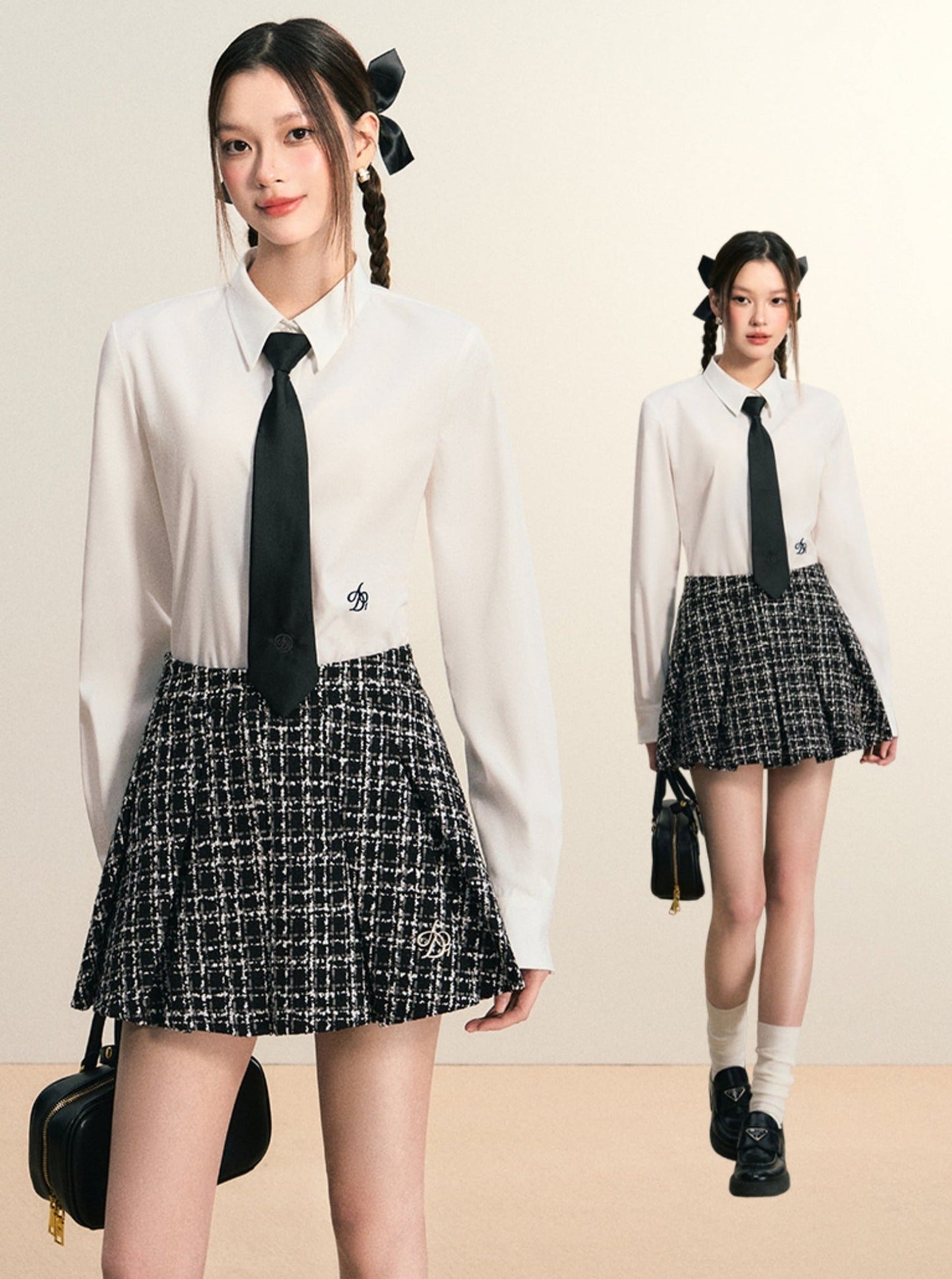 Tweed Flare Mini Skirt: Black and White Plaid A-Line with Textured Boucle Fabric