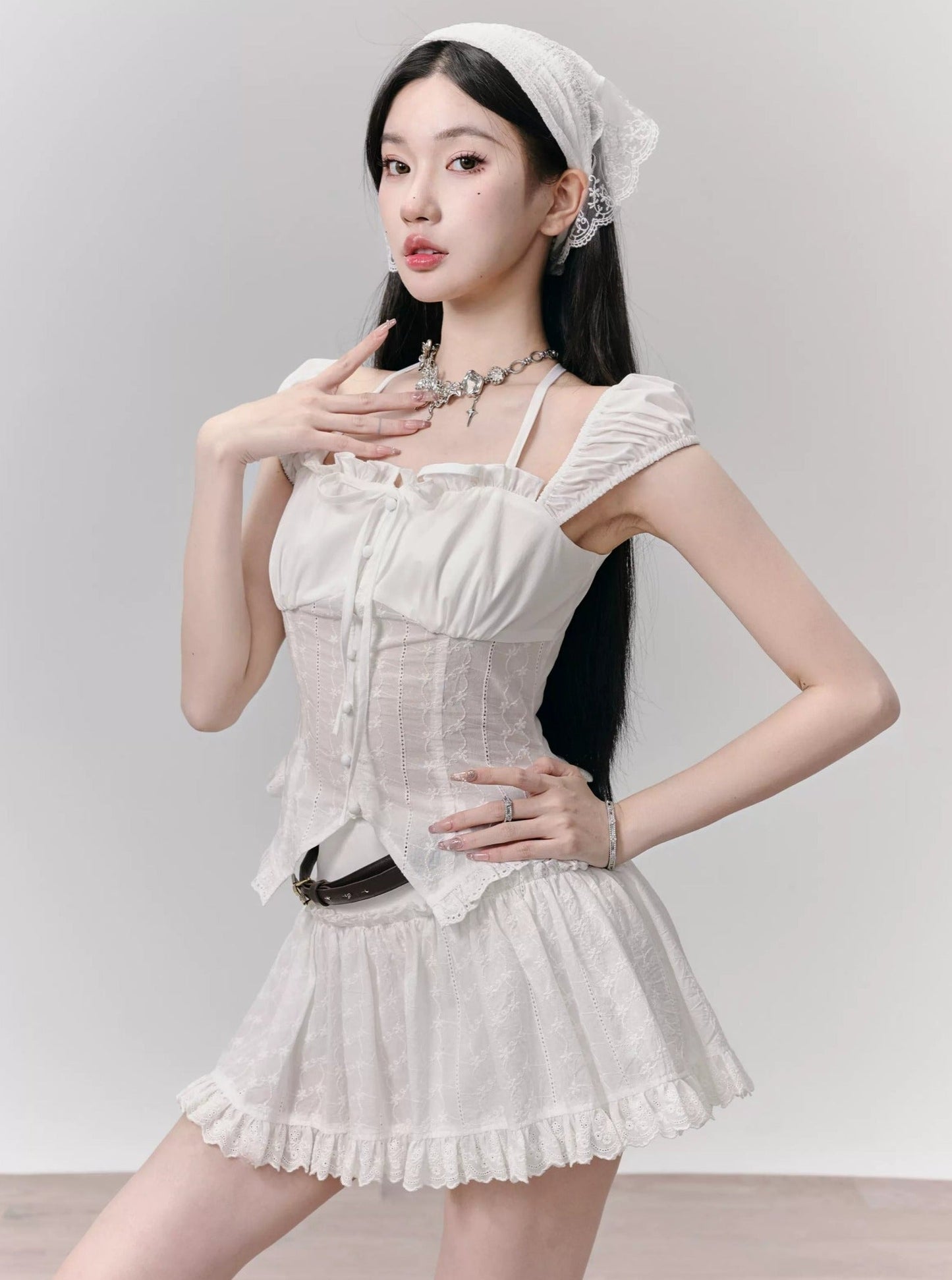 White Ruffle Trim Mini Skirt and Peasant Blouse Set