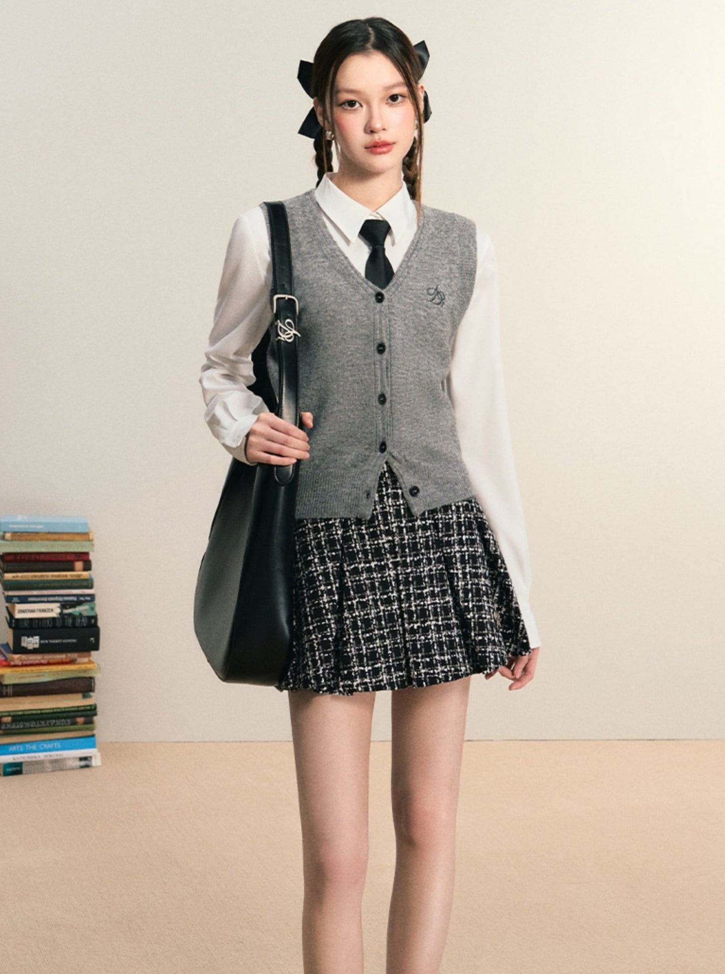 Tweed Flare Mini Skirt: Black and White Plaid A-Line with Textured Boucle Fabric