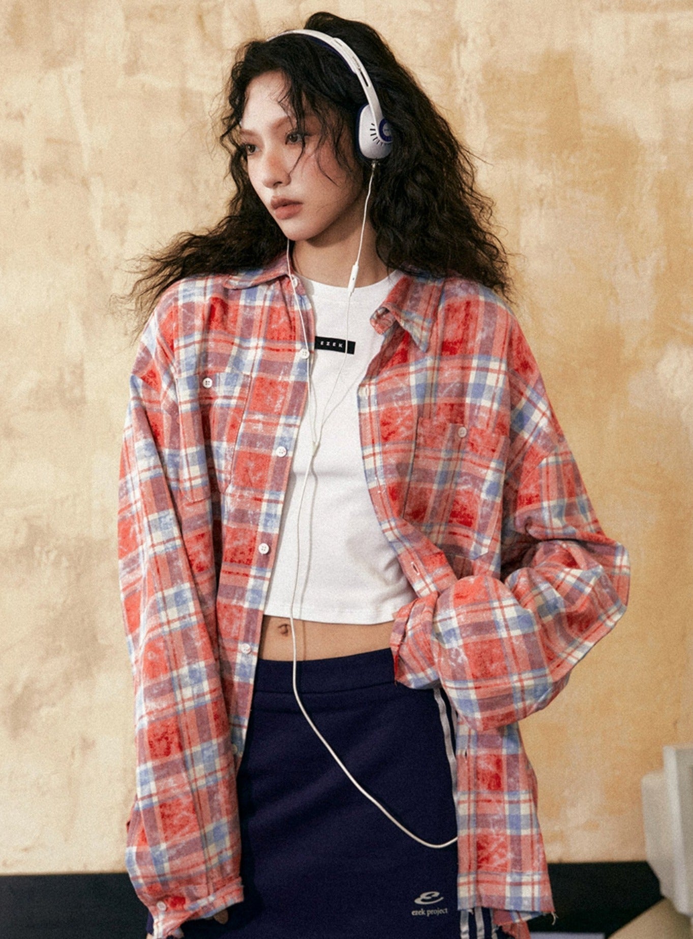 Stitching Contrasting Plaid Long-Sleeved Shirt