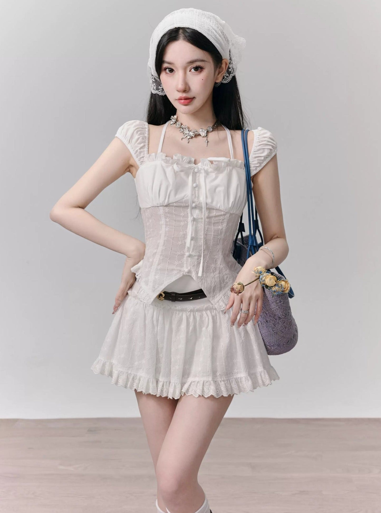 White Ruffle Trim Mini Skirt and Peasant Blouse Set