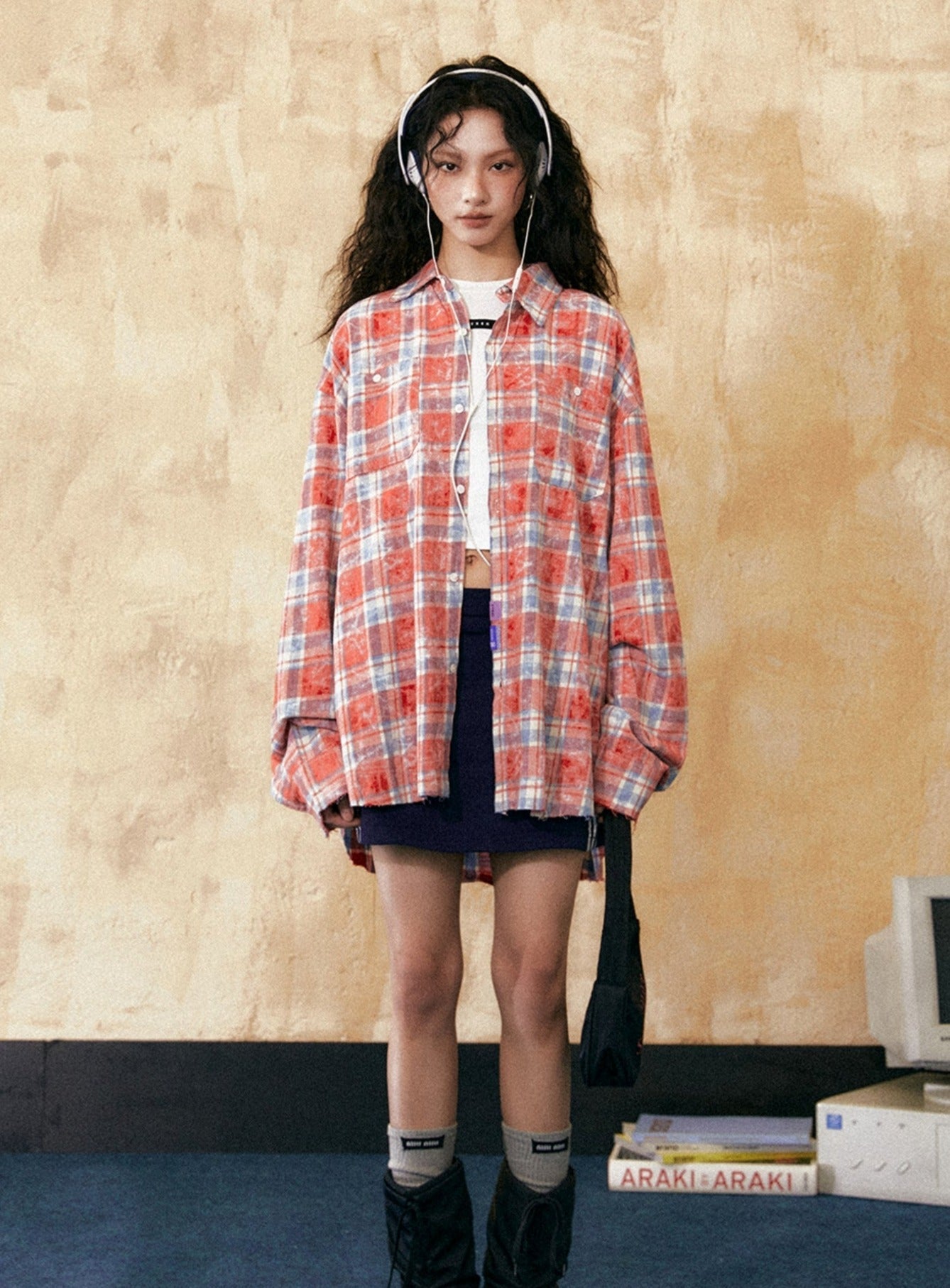 Stitching Contrasting Plaid Long-Sleeved Shirt