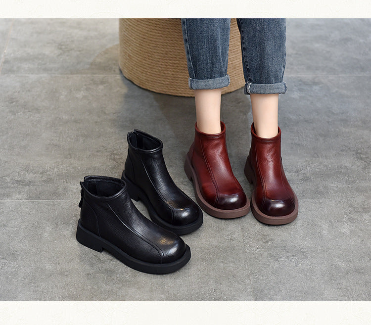Classic Leather Back Zipper Short Boots