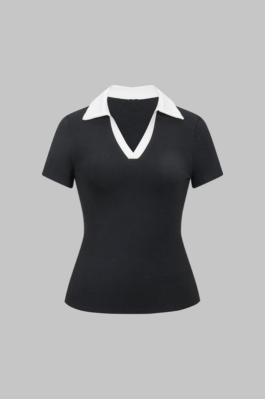 Basic Contrast Collar Short Sleeve T-Shirt