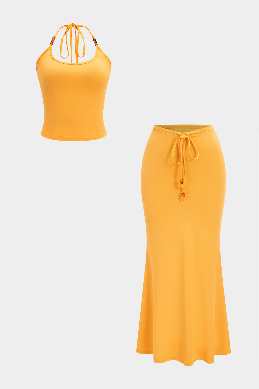 Beaded Backless Tie-Up Halter Neck Tank Top And Drawstring Skirt Set